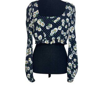 Zara Women’s Large Black Yellow Blouse Cropped Long Sleeve Cottagecore Feminine